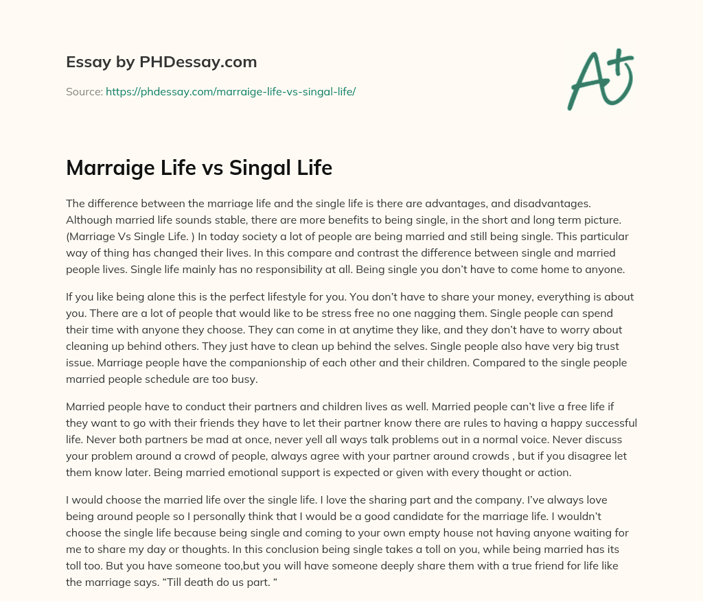 Marraige Life vs Singal Life essay