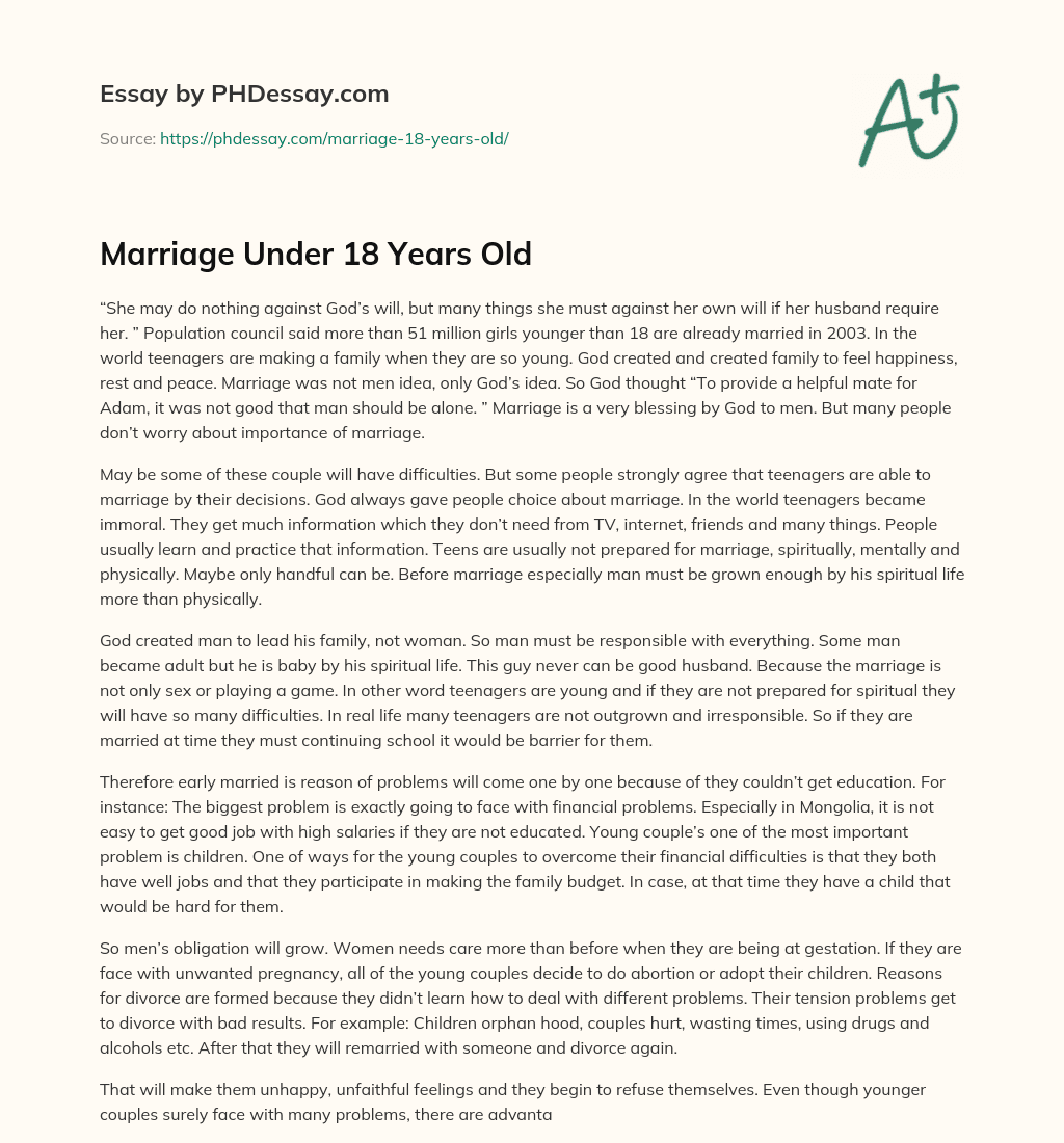 Marriage Under 18 Years Old essay