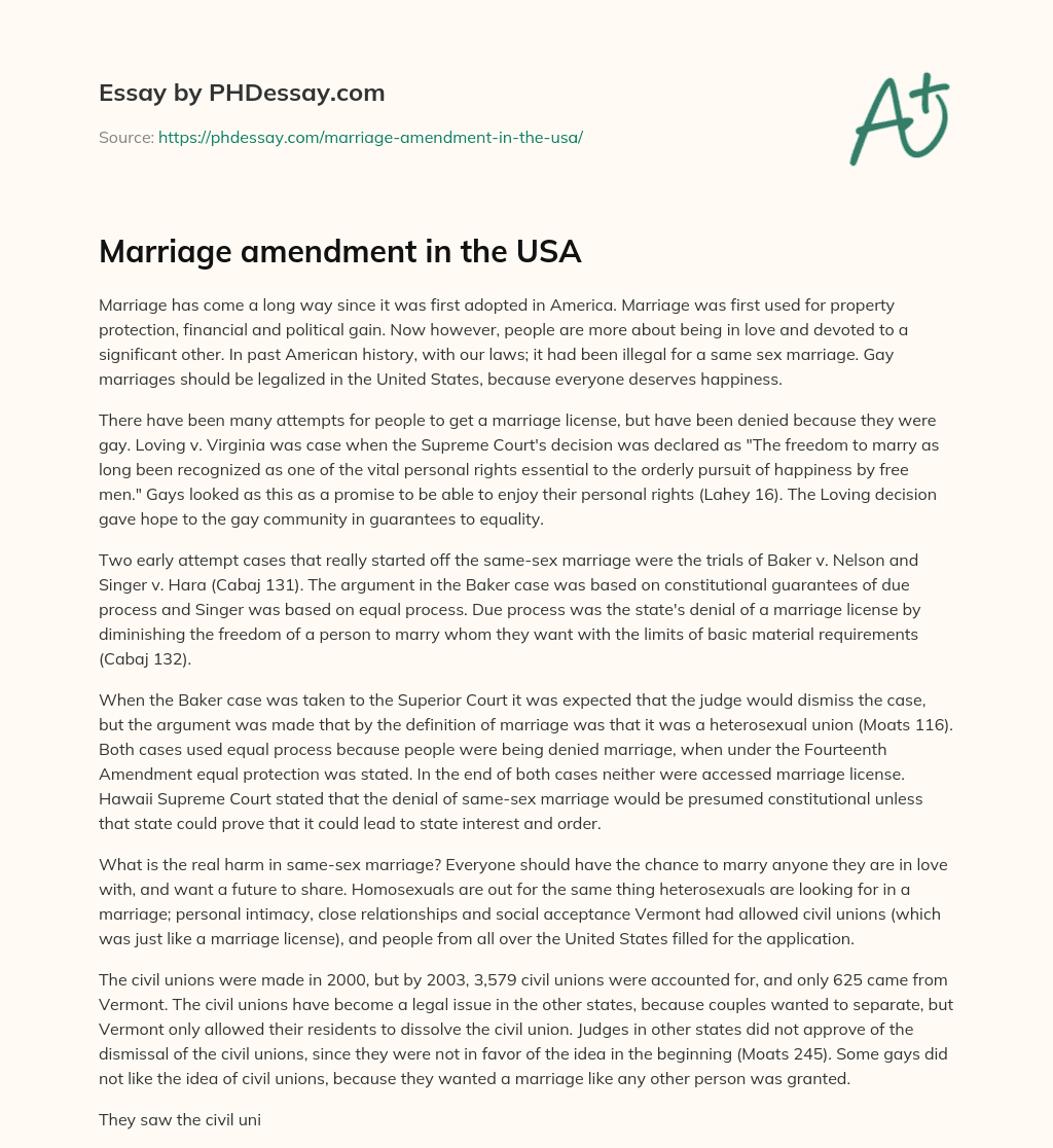 Marriage amendment in the USA essay