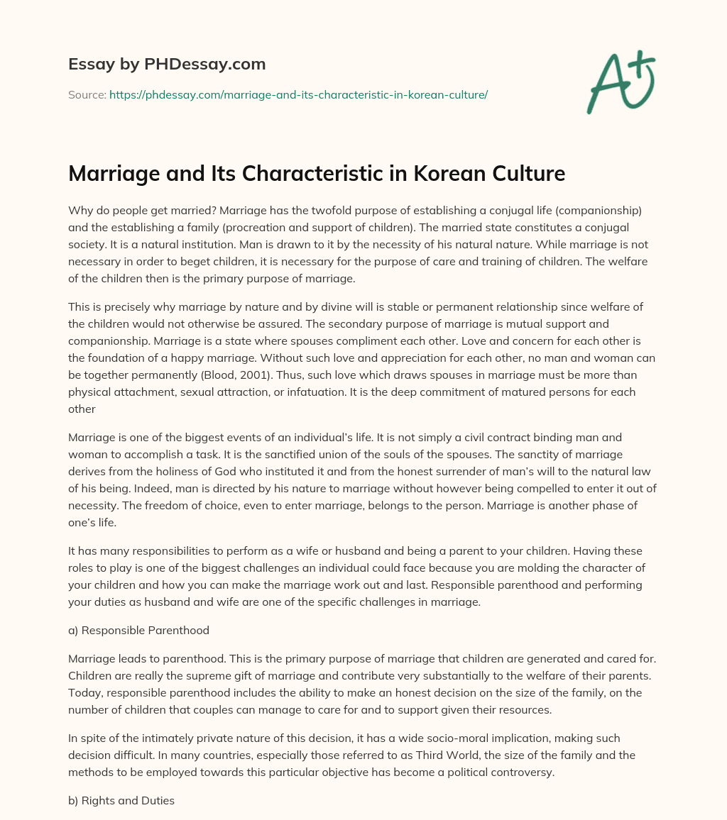 Marriage and Its Characteristic in Korean Culture essay