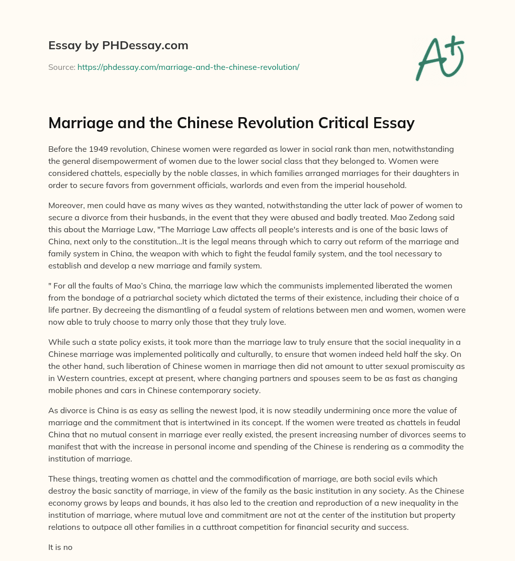 Marriage and the Chinese Revolution Critical Essay essay