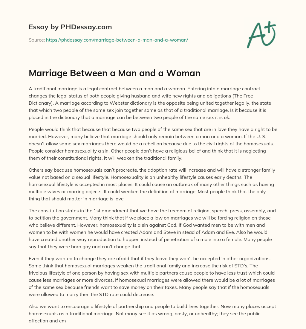 Marriage Between a Man and a Woman essay