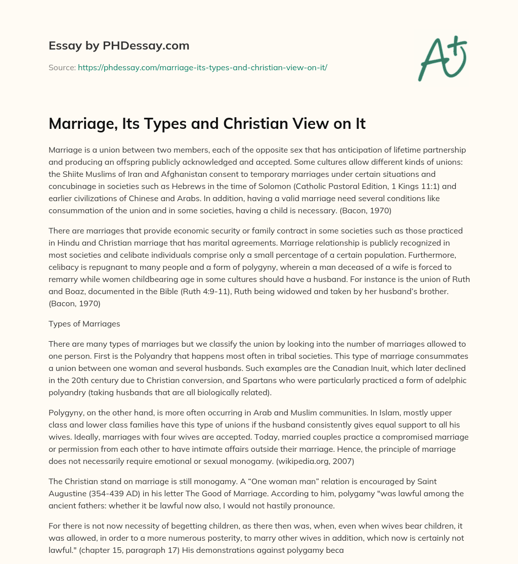 Marriage, Its Types and Christian View on It essay