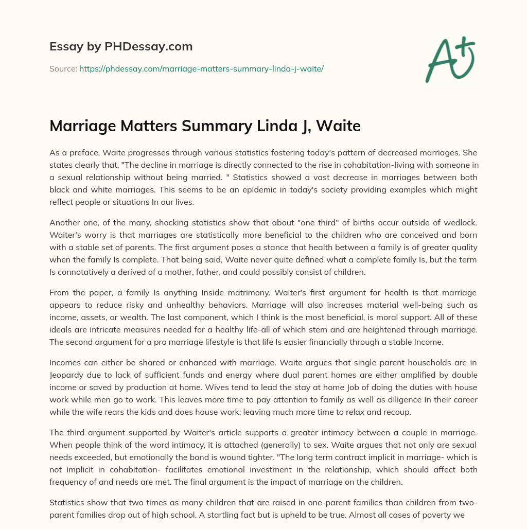Marriage Matters Summary Linda J, Waite essay