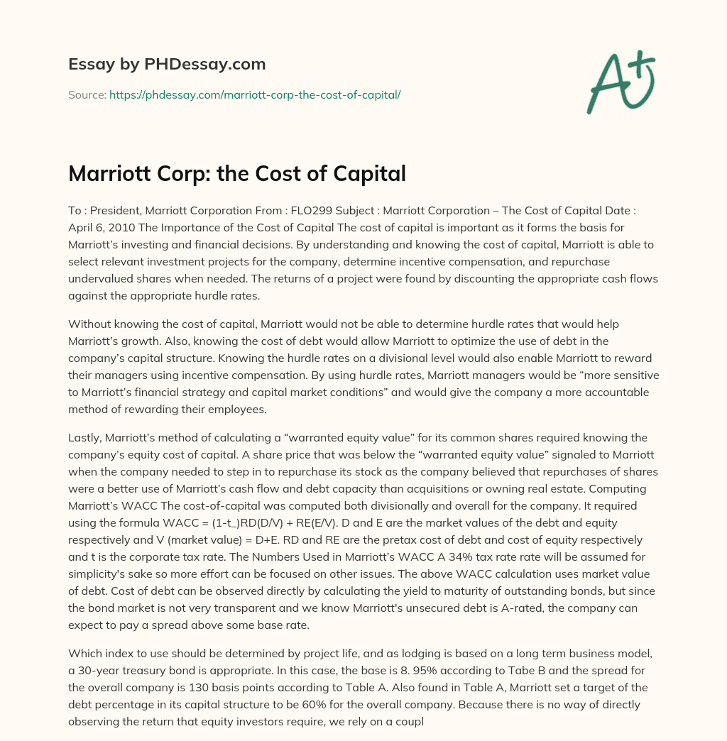 Marriott Corp: the Cost of Capital essay