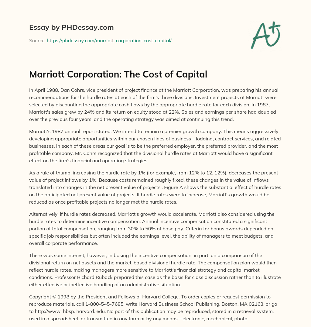 Marriott Corporation: The Cost of Capital essay
