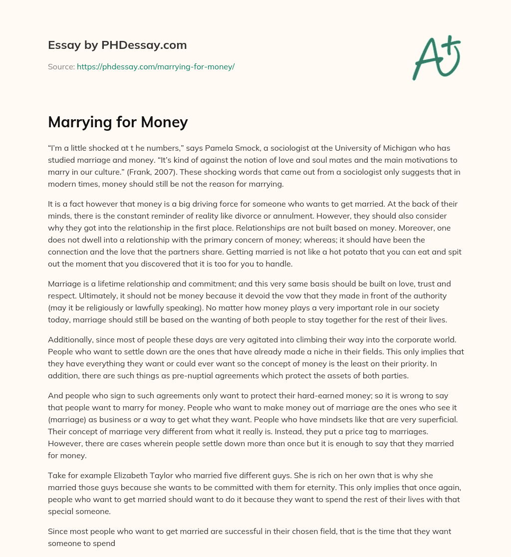 Marrying for Money essay