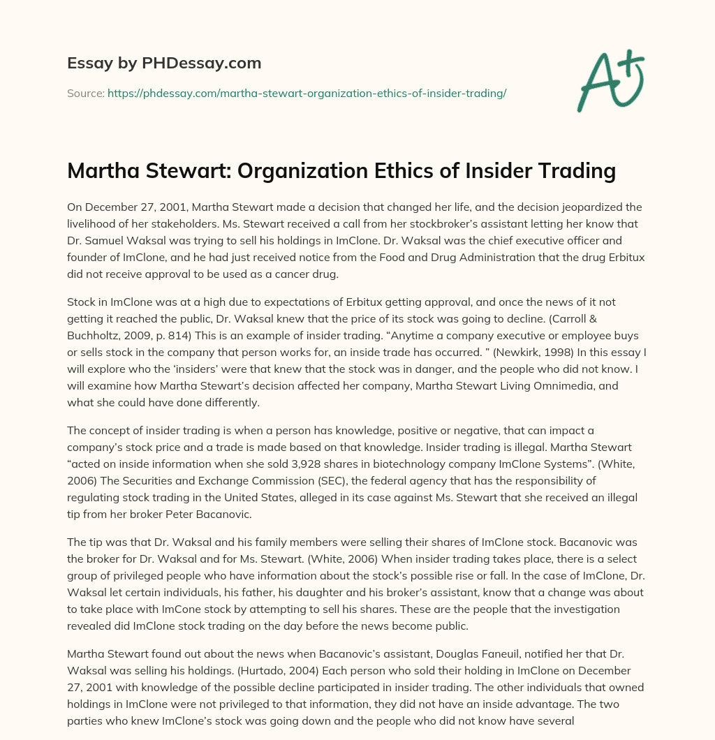 Martha Stewart: Organization Ethics of Insider Trading essay