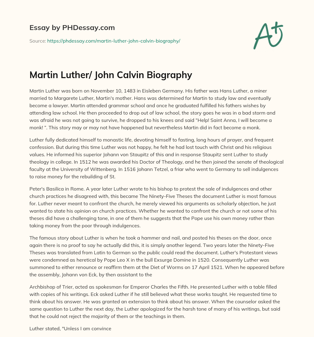 Martin Luther/ John Calvin Biography essay