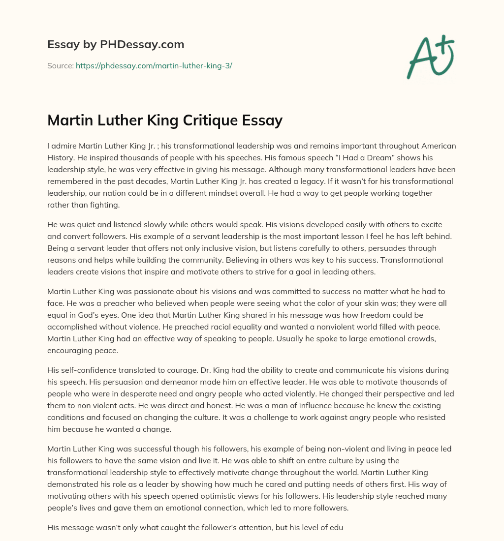 Martin Luther King Critique Essay essay