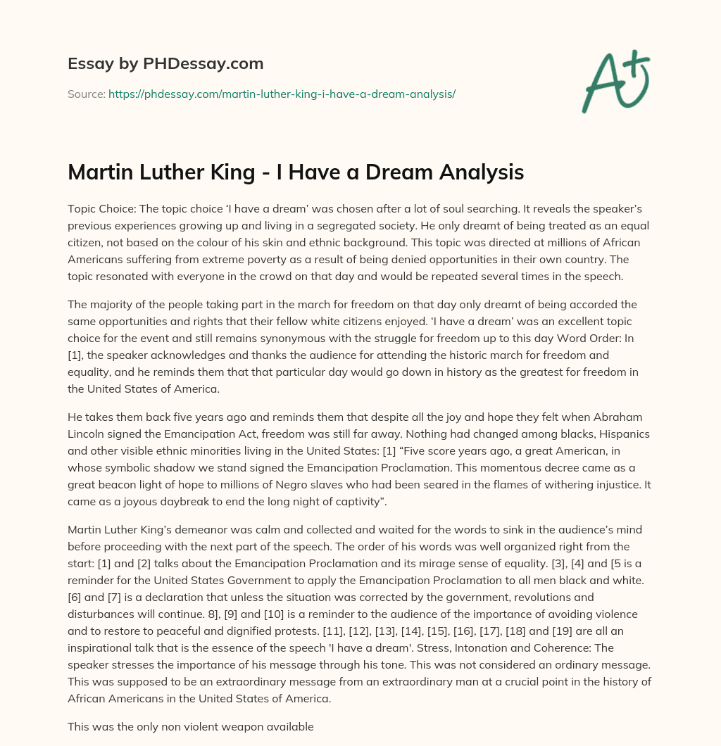 Martin Luther King – I Have a Dream Analysis essay