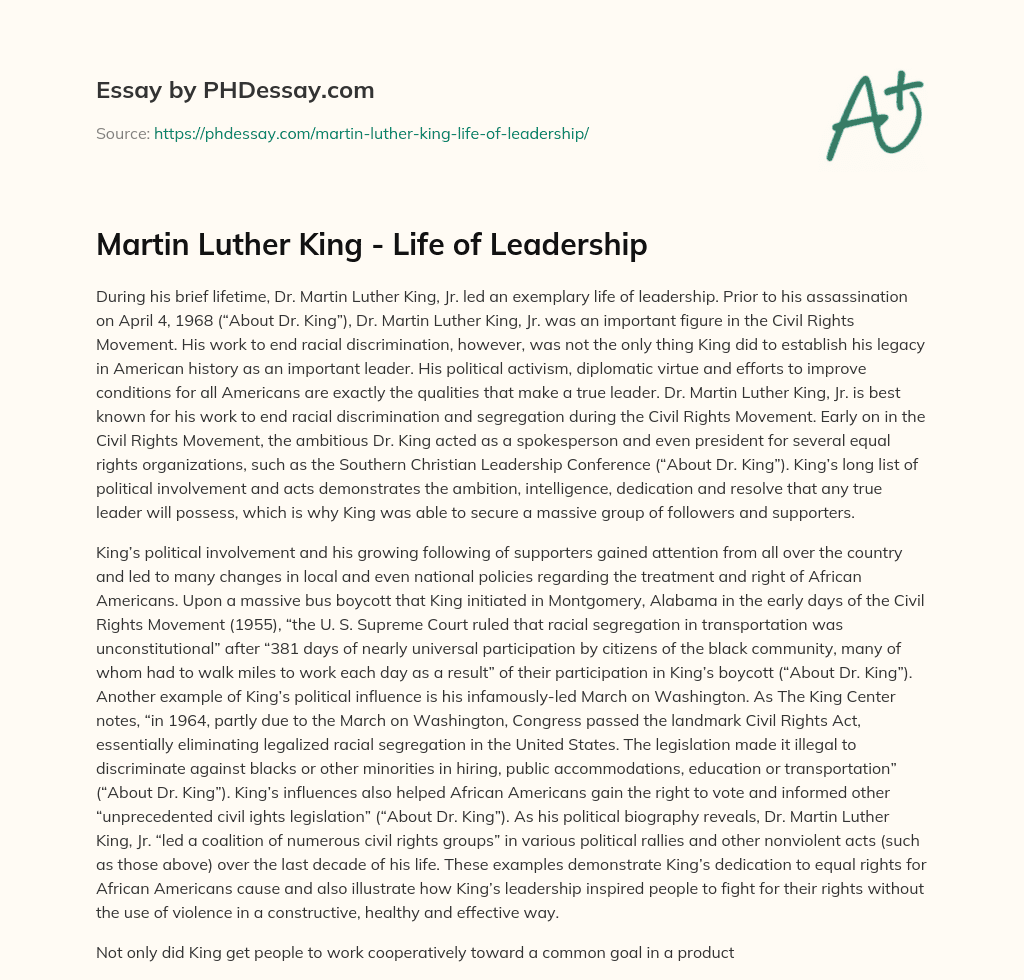 Martin Luther King – Life of Leadership essay
