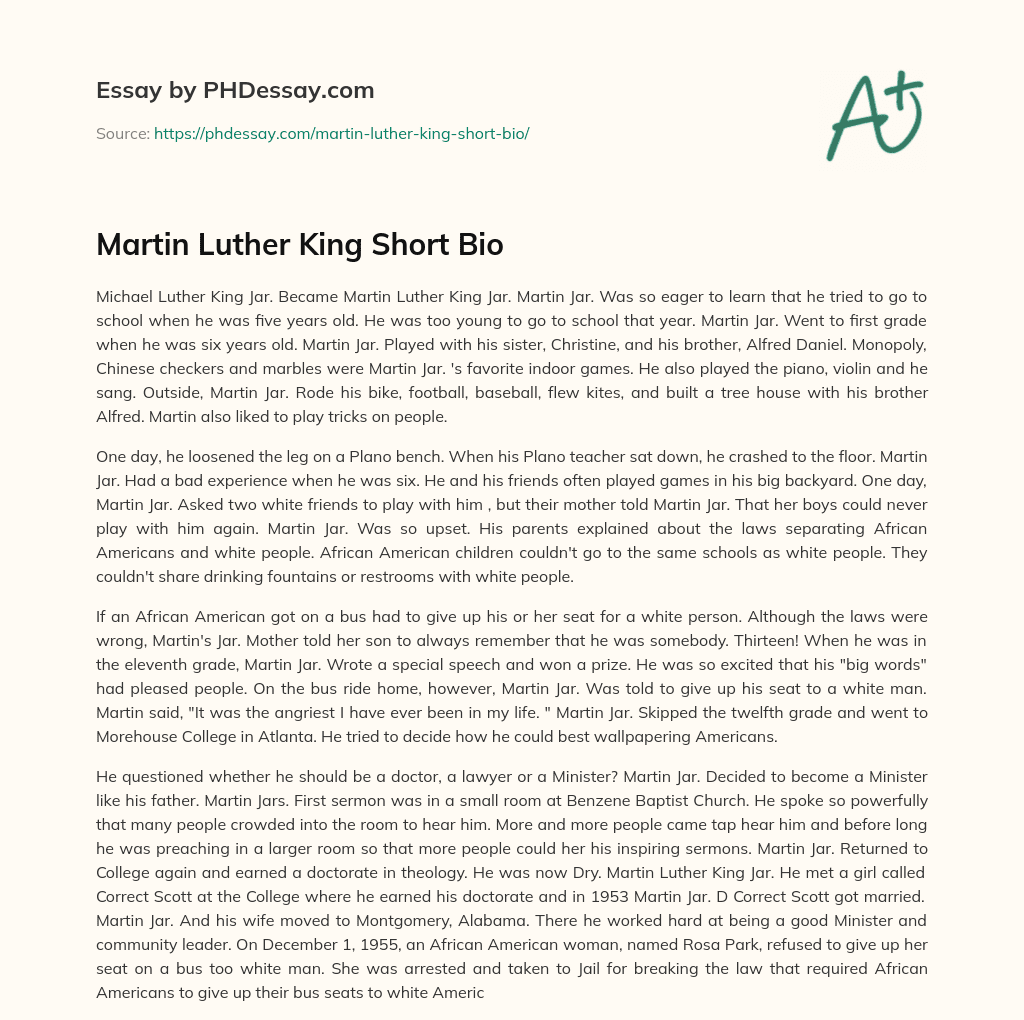 Martin Luther King Short Bio essay