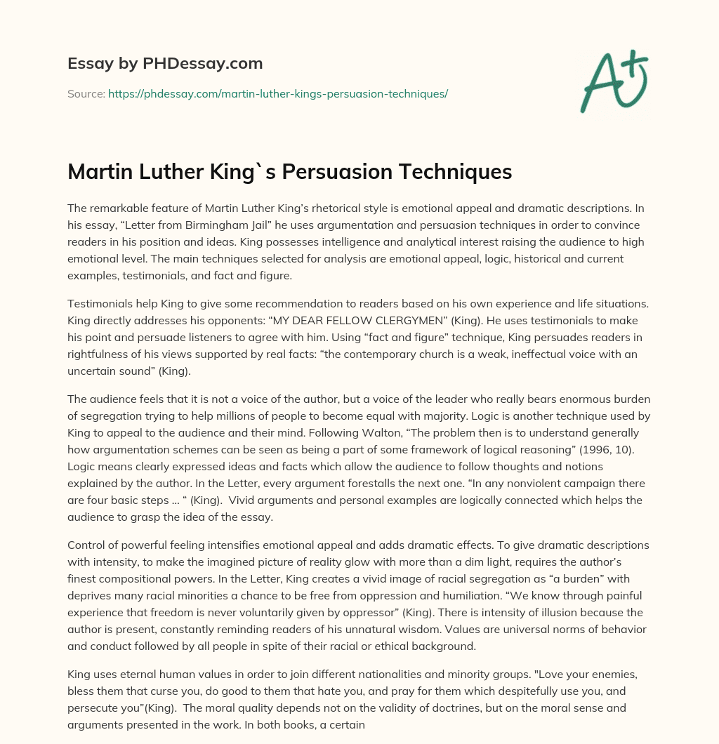 Martin Luther King`s Persuasion Techniques essay