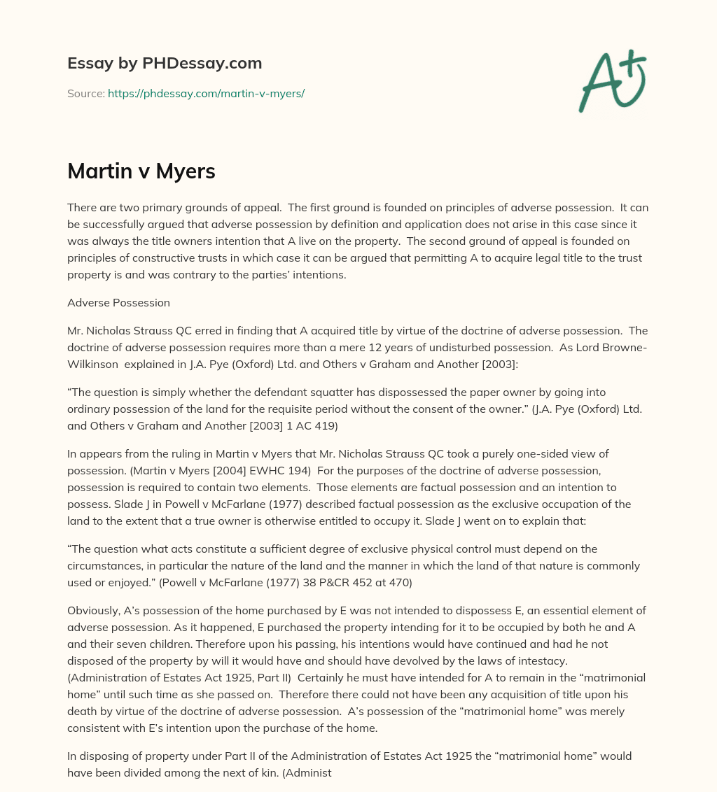 Martin v Myers essay
