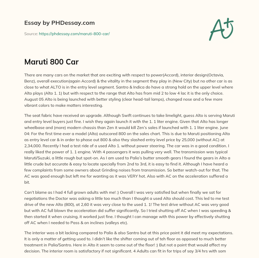 ALTO: The Top Choice in the Entry-Level Car Segment essay