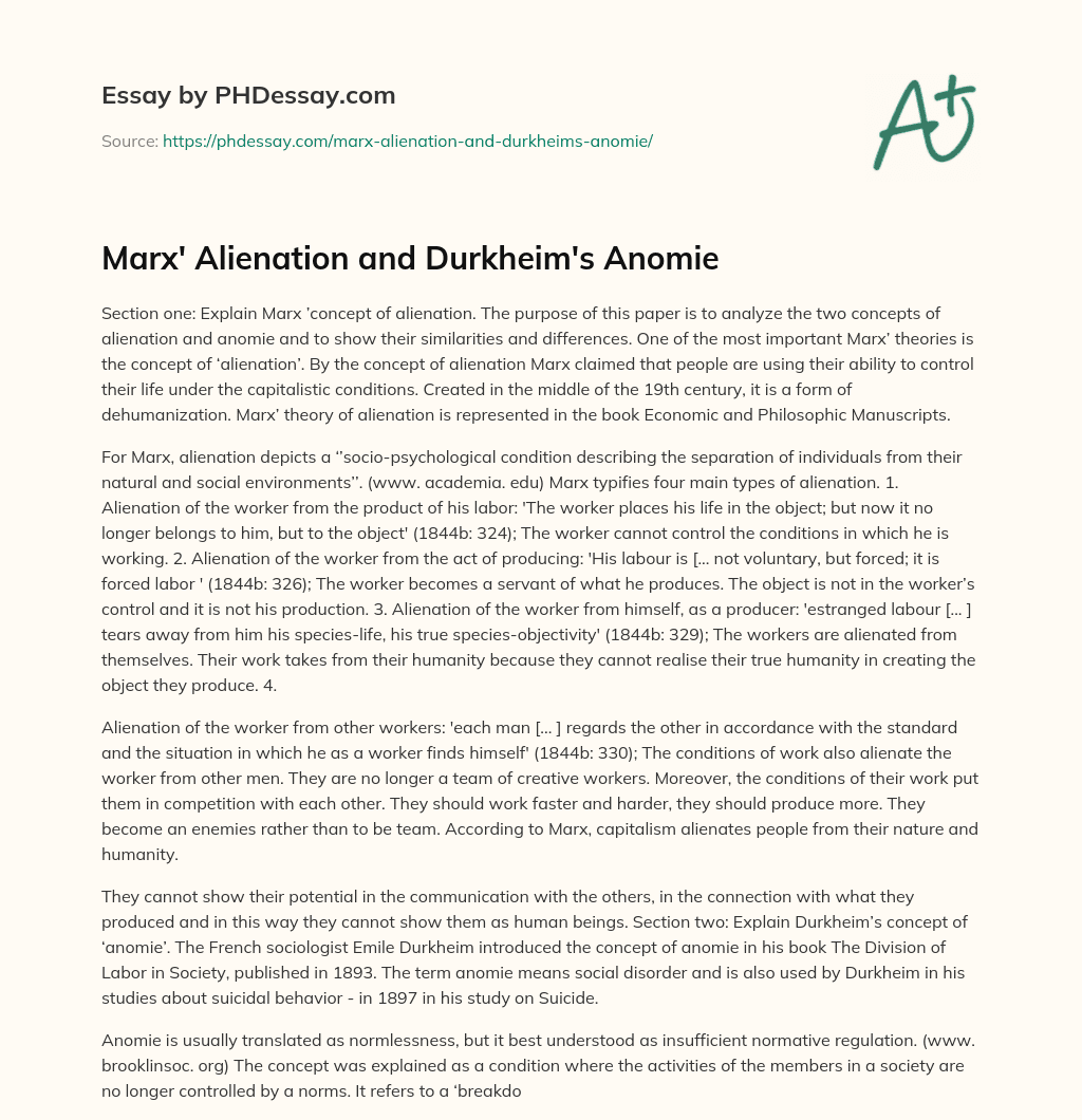 Marx’ Alienation and Durkheim’s Anomie essay