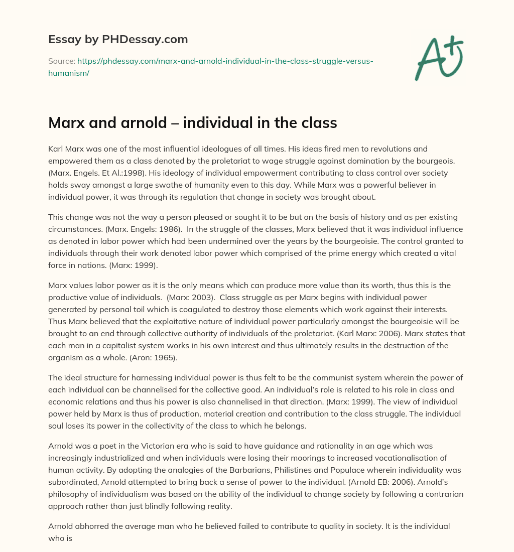 Marx and arnold – individual in the class essay
