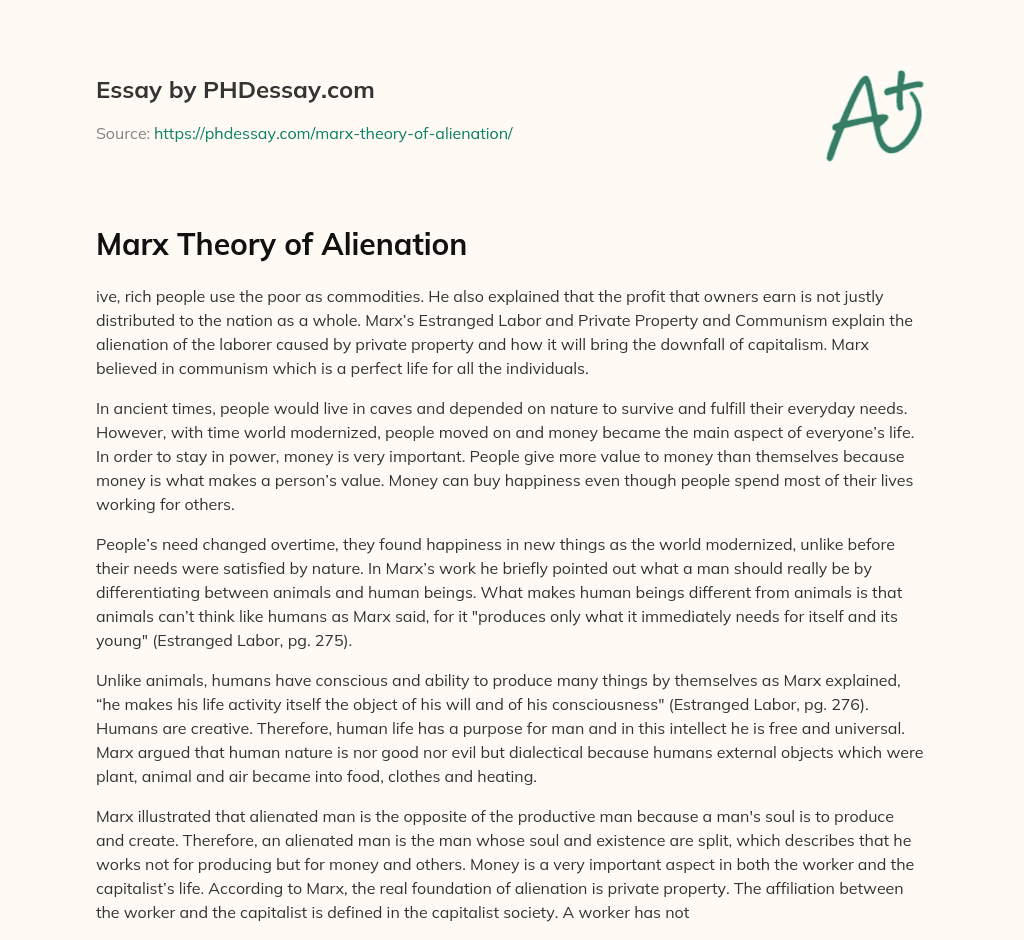 marx theory of alienation essay