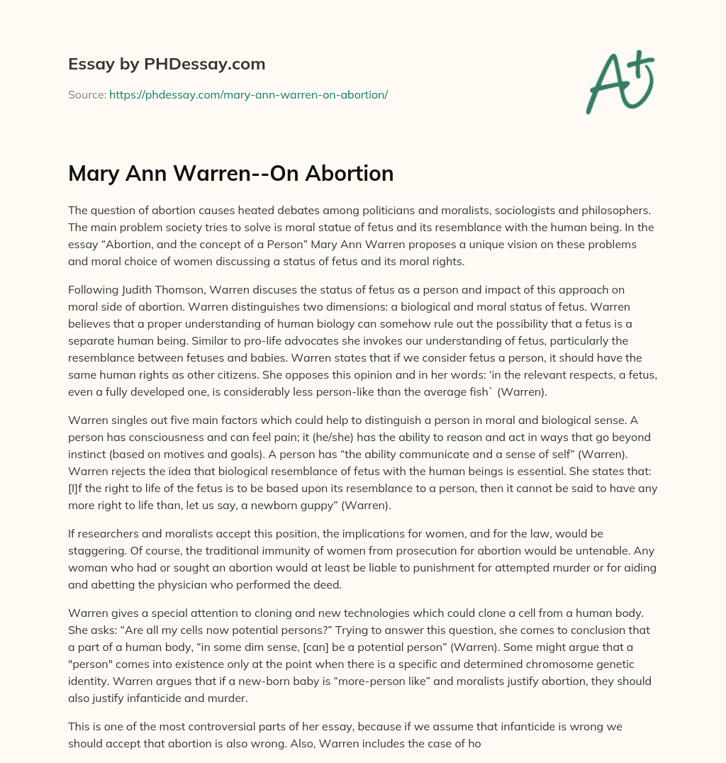 Mary Ann Warren–On Abortion essay