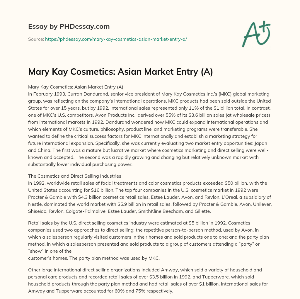 Mary Kay Cosmetics: Asian Market Entry (A) essay
