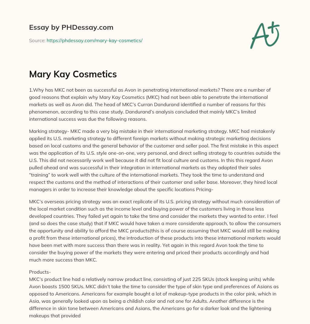 Mary Kay Cosmetics essay