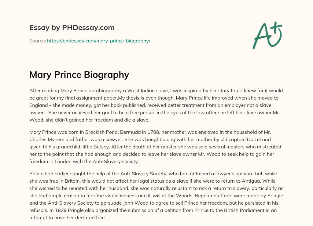 Mary Prince Biography essay