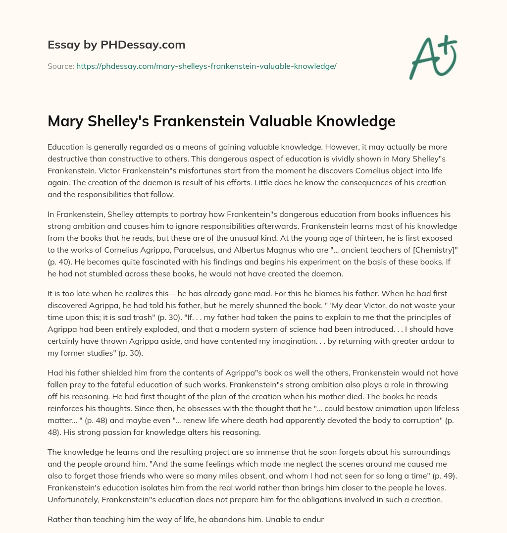 Mary Shelley’s Frankenstein Valuable Knowledge essay