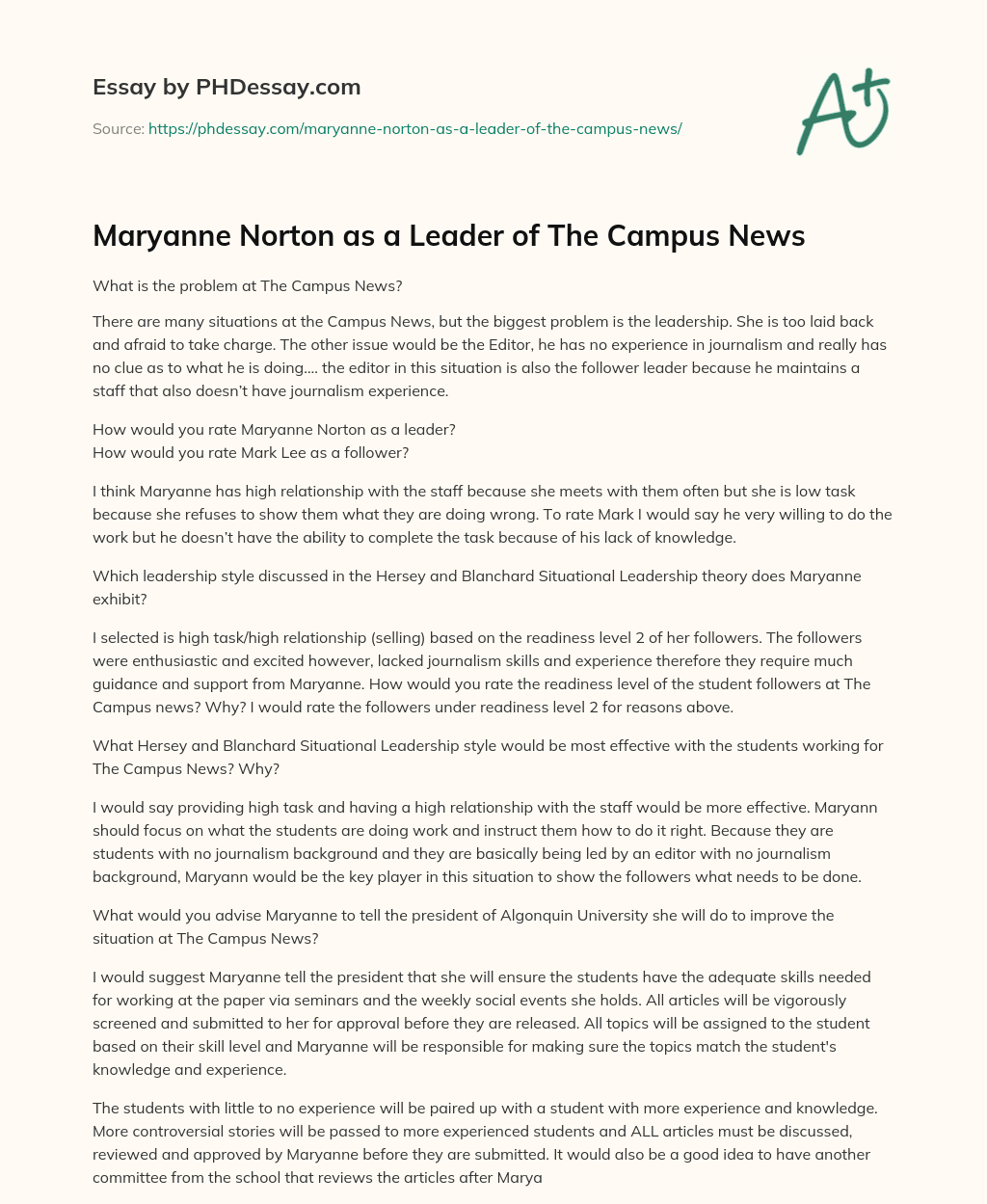 Maryanne Norton as a Leader of The Campus News essay