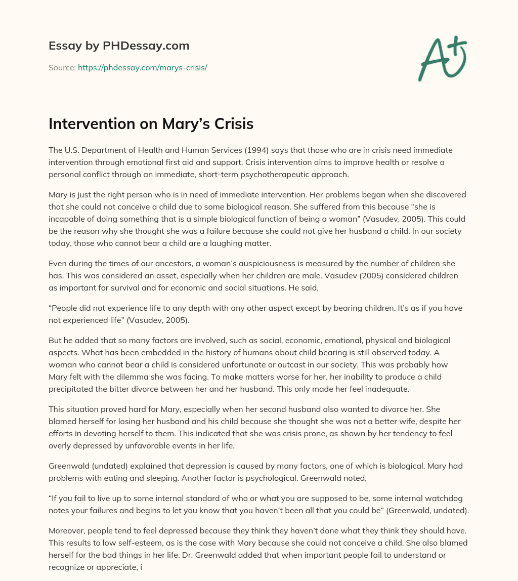 Intervention on Mary’s Crisis essay