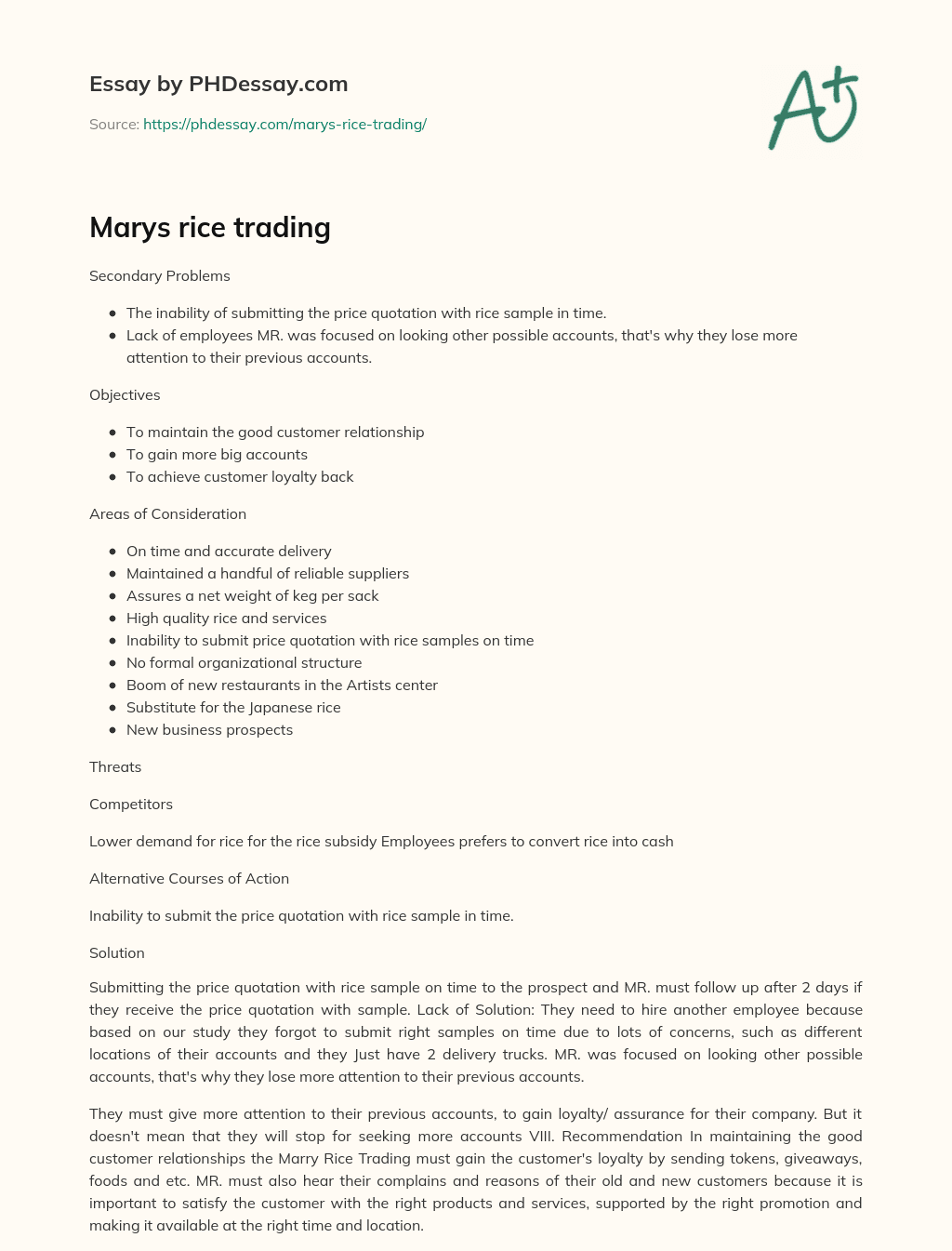 Marys rice trading essay