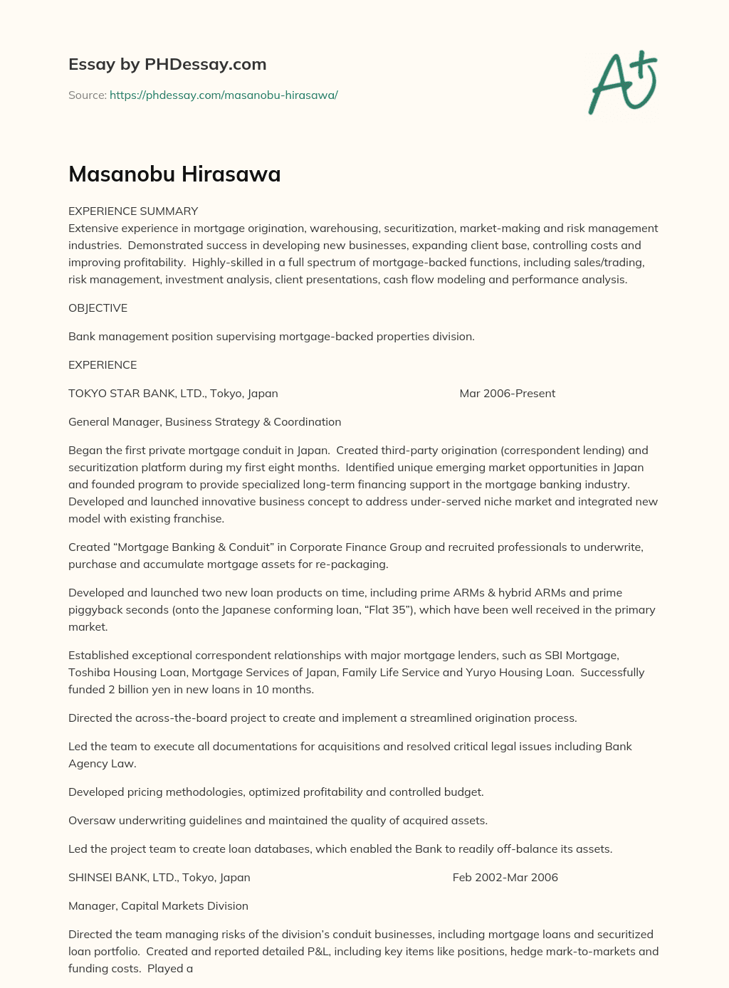 Masanobu Hirasawa essay