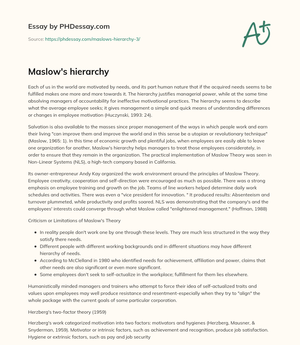 Maslow’s hierarchy essay