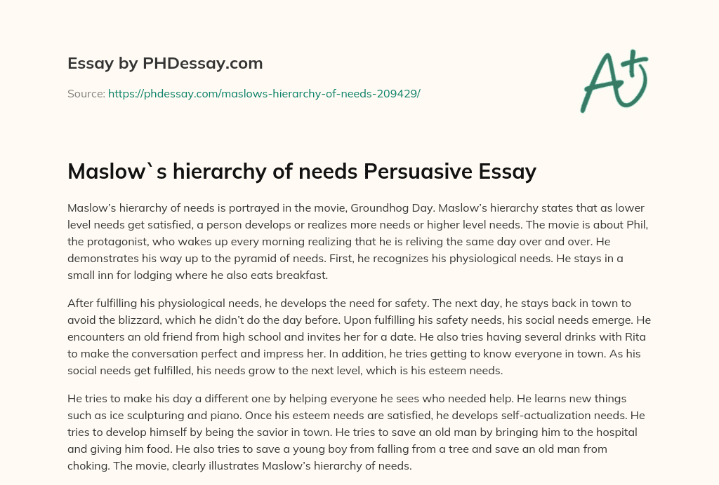 Maslow`s hierarchy of needs Persuasive Essay essay