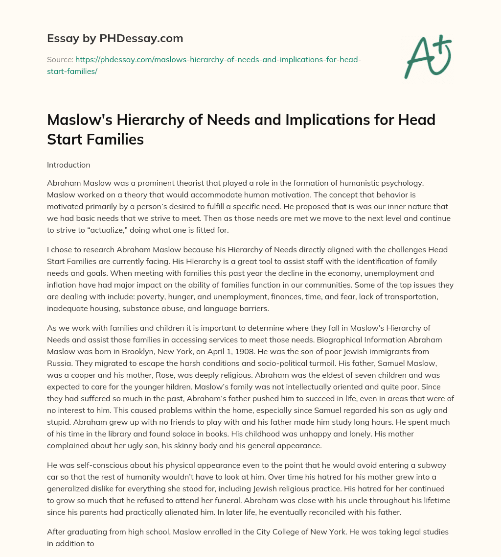 Maslow’s Hierarchy of Needs and Implications for Head Start Families essay
