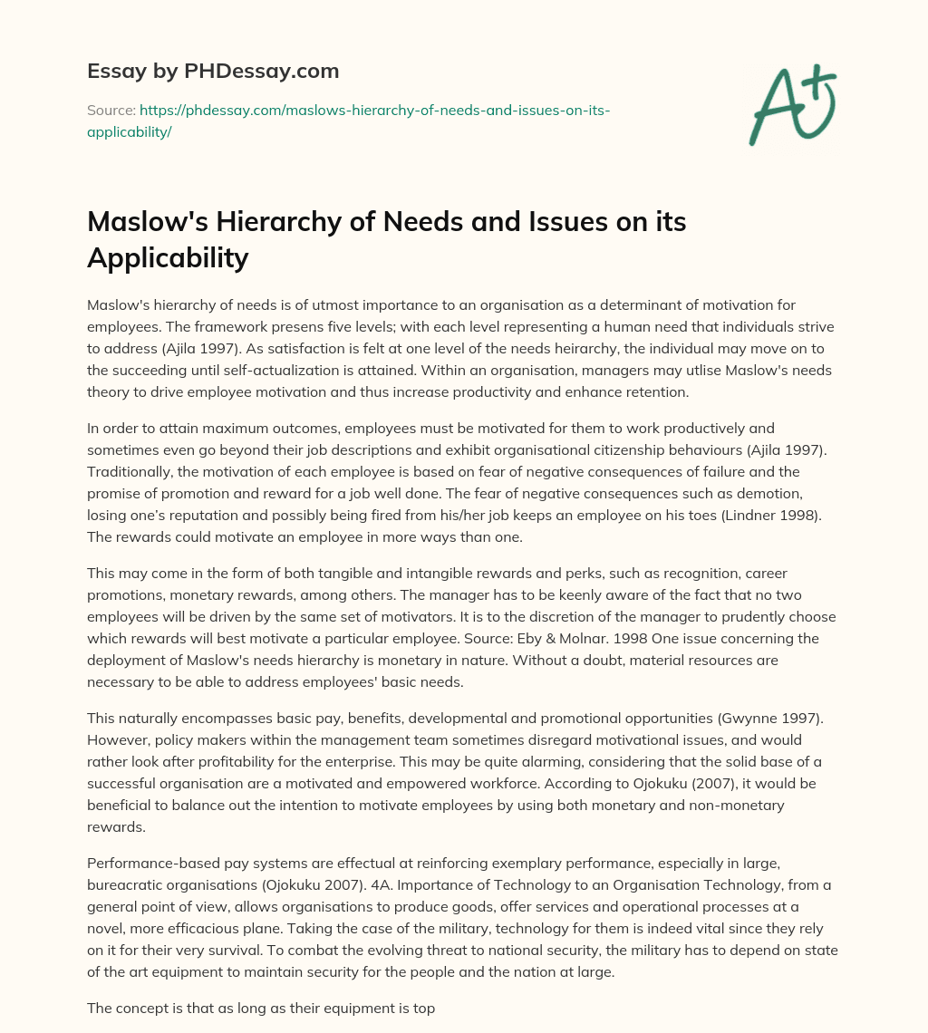Maslow’s Hierarchy of Needs and Issues on its Applicability essay
