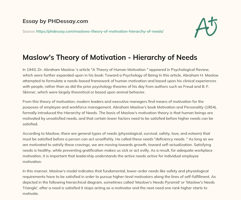Maslow’s Theory of Motivation – Hierarchy of Needs essay