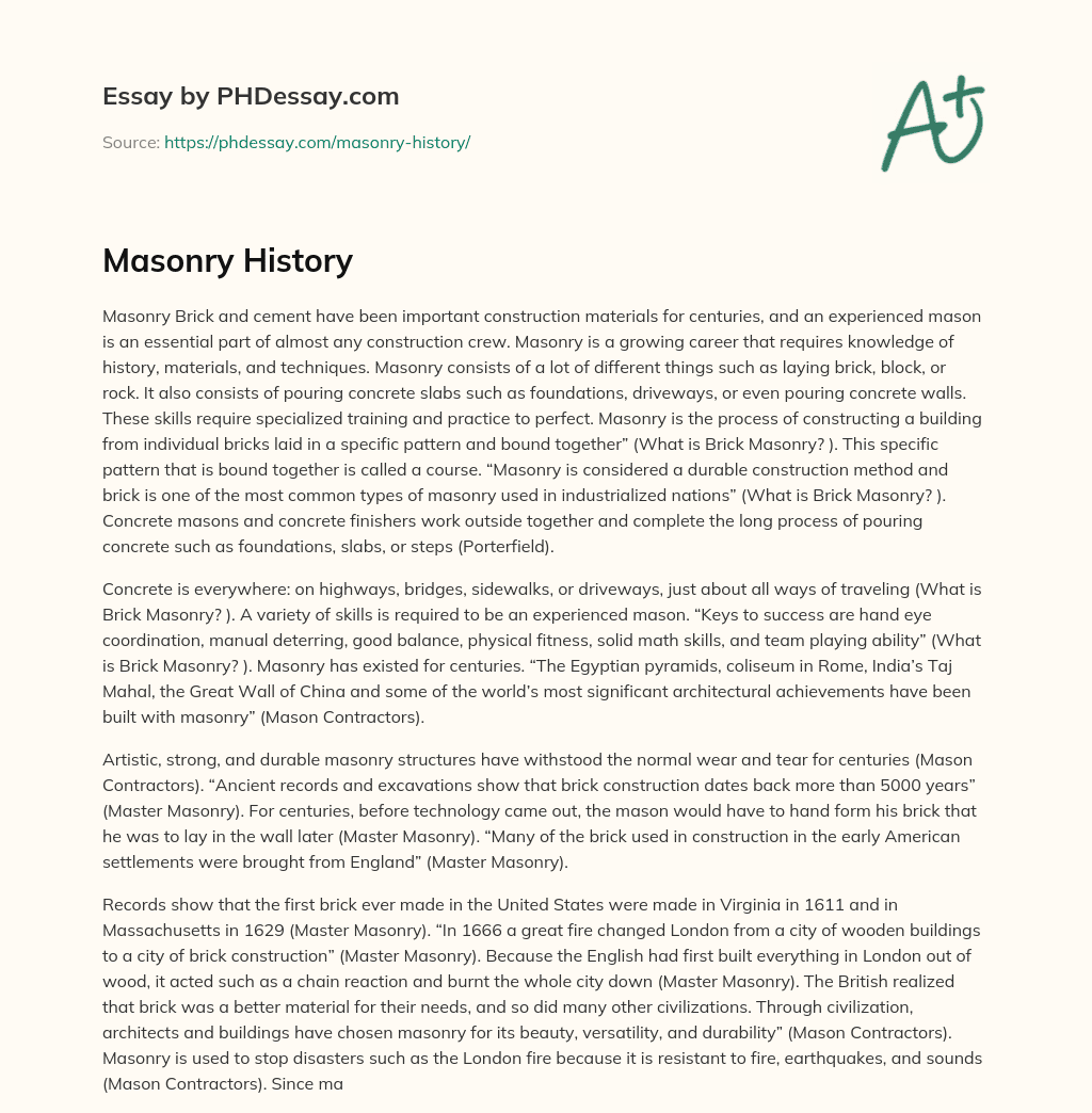 Masonry History essay