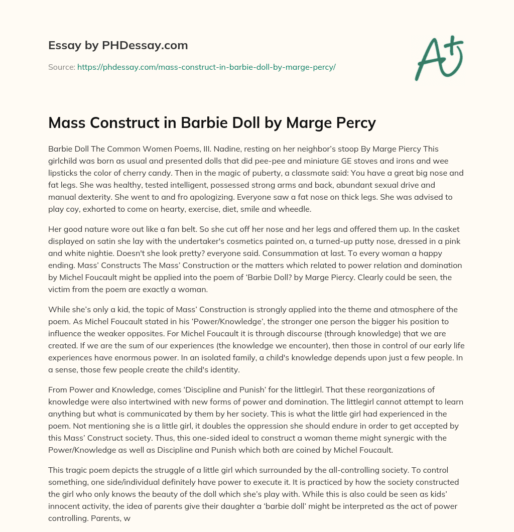 Mass Construct in Barbie Doll by Marge Percy essay