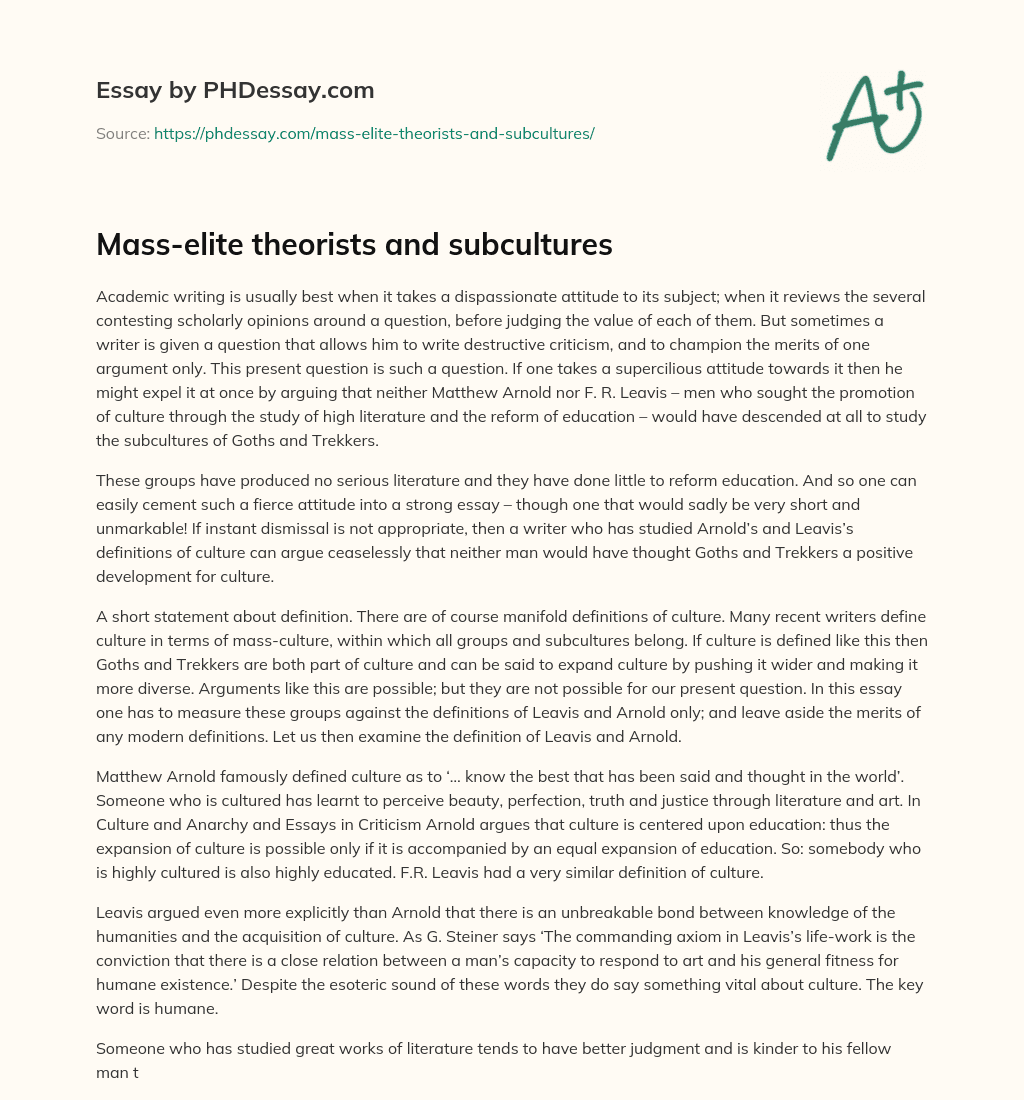 Mass-elite theorists and subcultures essay