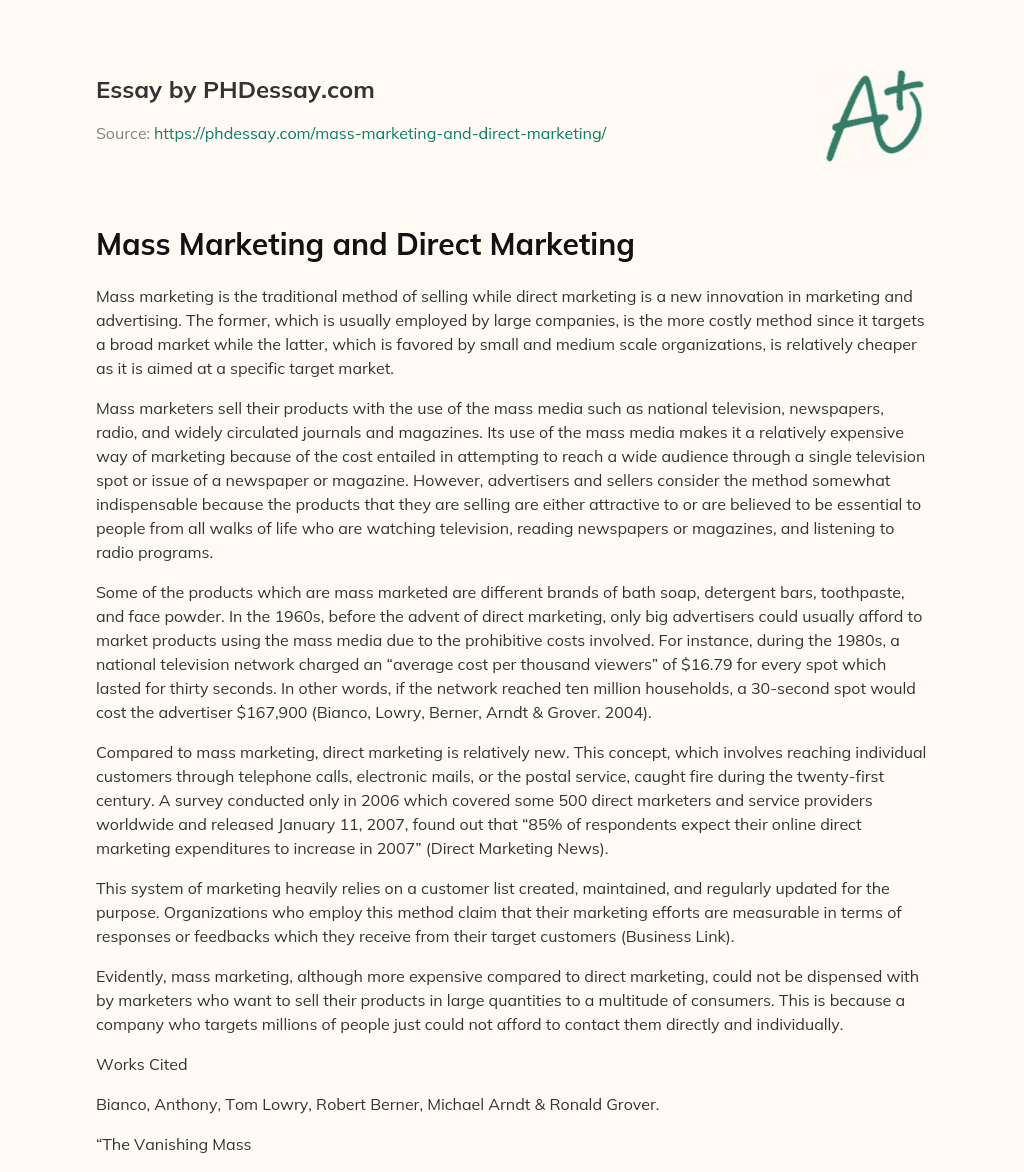Mass Marketing and Direct Marketing essay