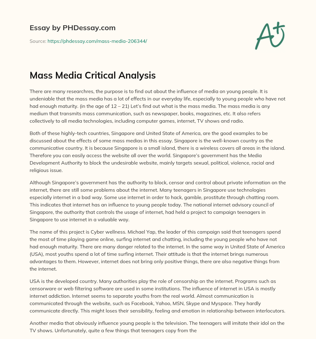 Mass Media Critical Analysis essay