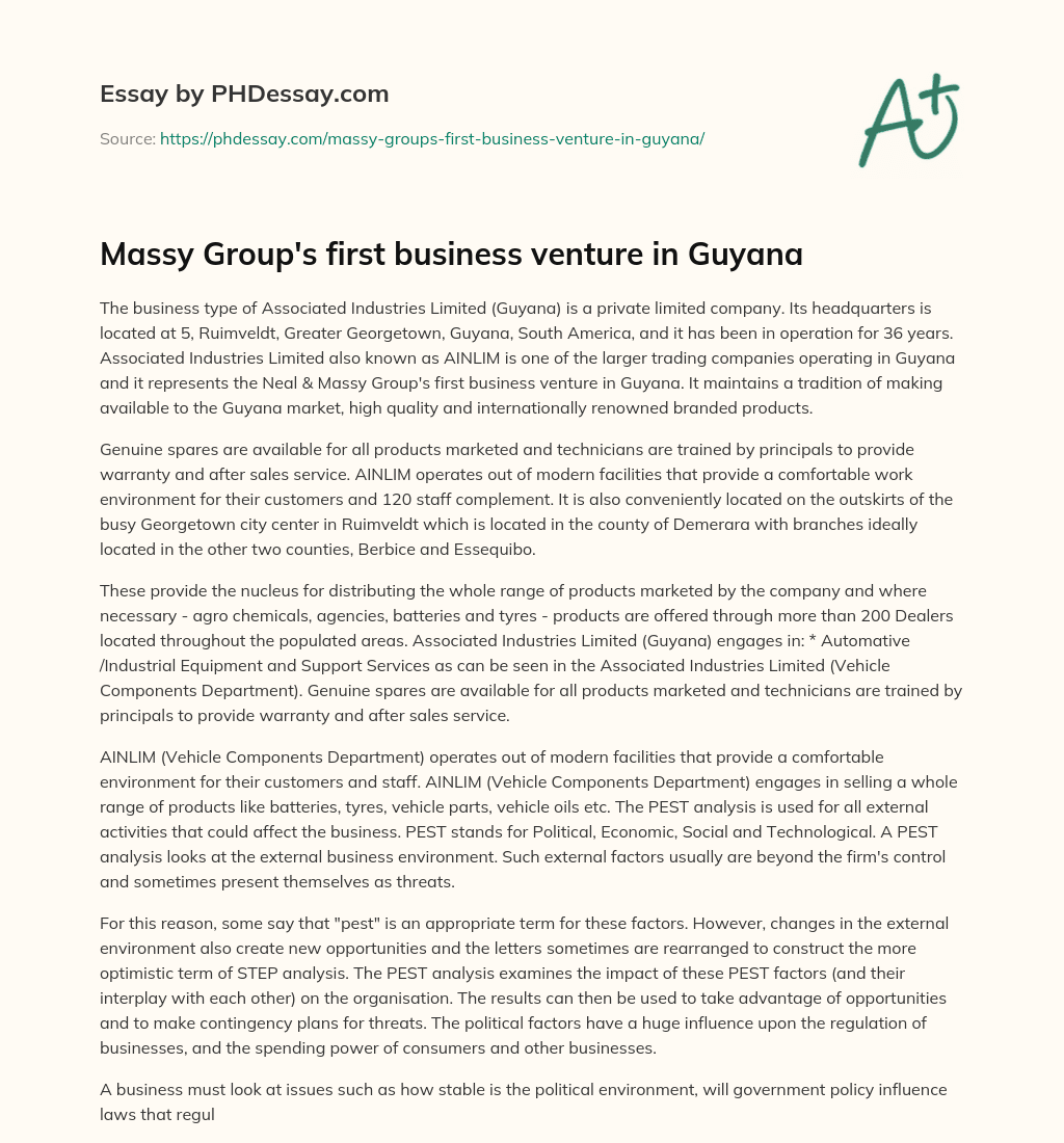 Massy Group’s first business venture in Guyana essay