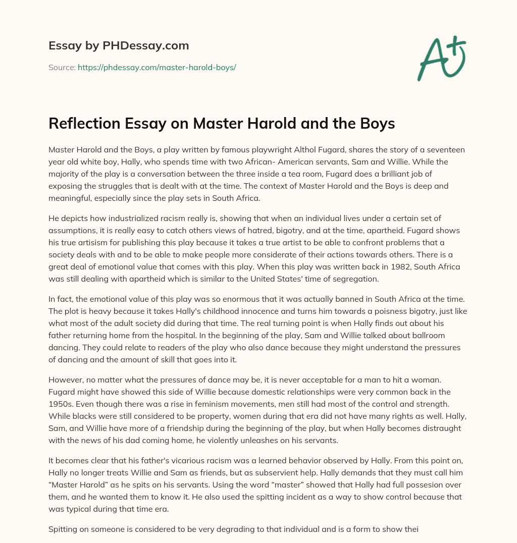 Reflection Essay on Master Harold and the Boys essay