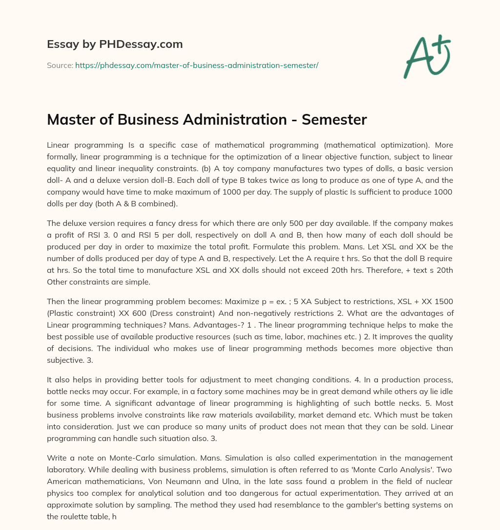 Master of Business Administration – Semester essay