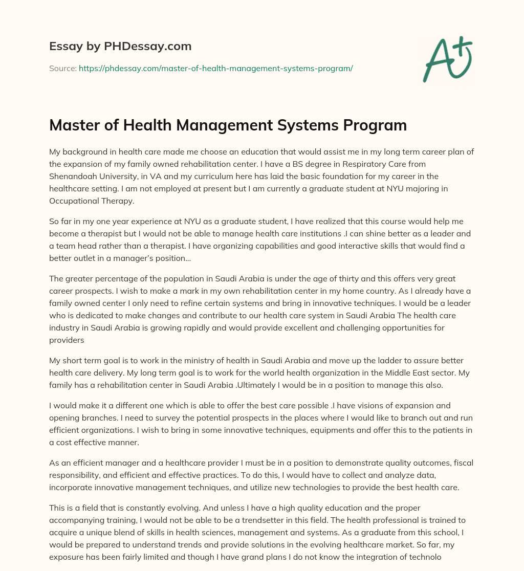 Master of Health Management Systems Program essay