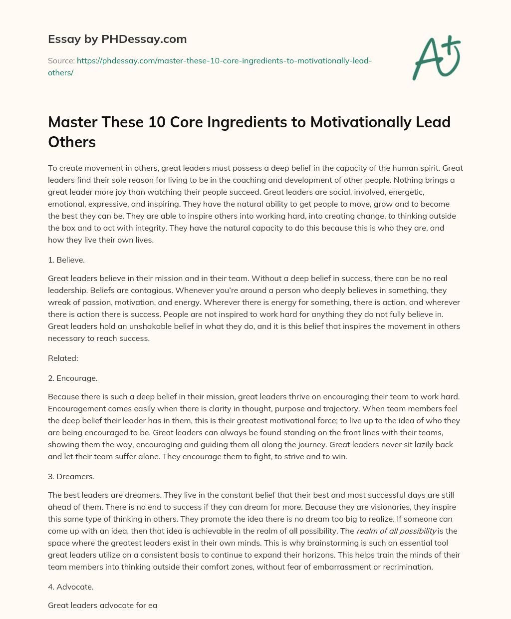 Master These 10 Core Ingredients to Motivationally Lead Others essay