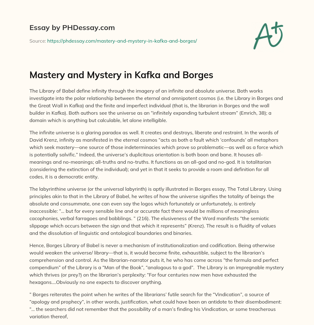 Mastery and Mystery in Kafka and Borges essay
