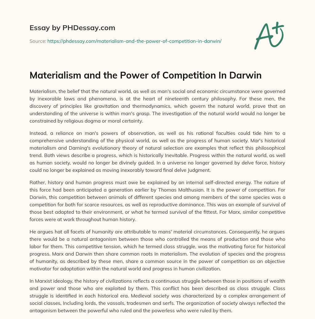 Materialism and the Power of Competition In Darwin essay