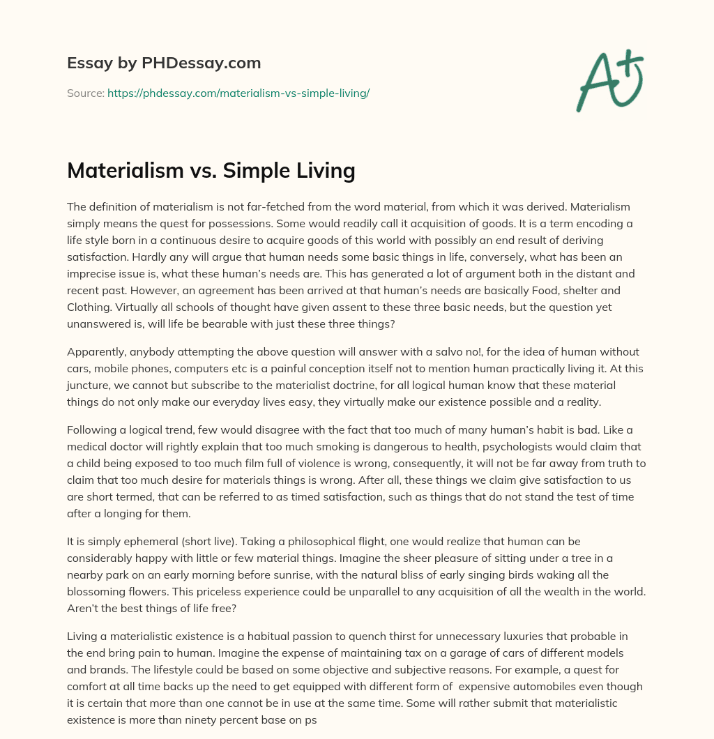 Materialism vs. Simple Living essay